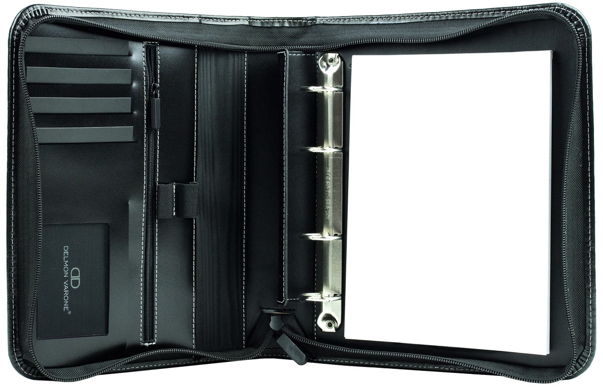 RV-Ringbuch DIN A5, incl. Memoblock, 4-Ring-25mm-Combimechanik CAMBRIDGE Top Grain Rindspaltleder mit heller Kontrastnaht schwarz